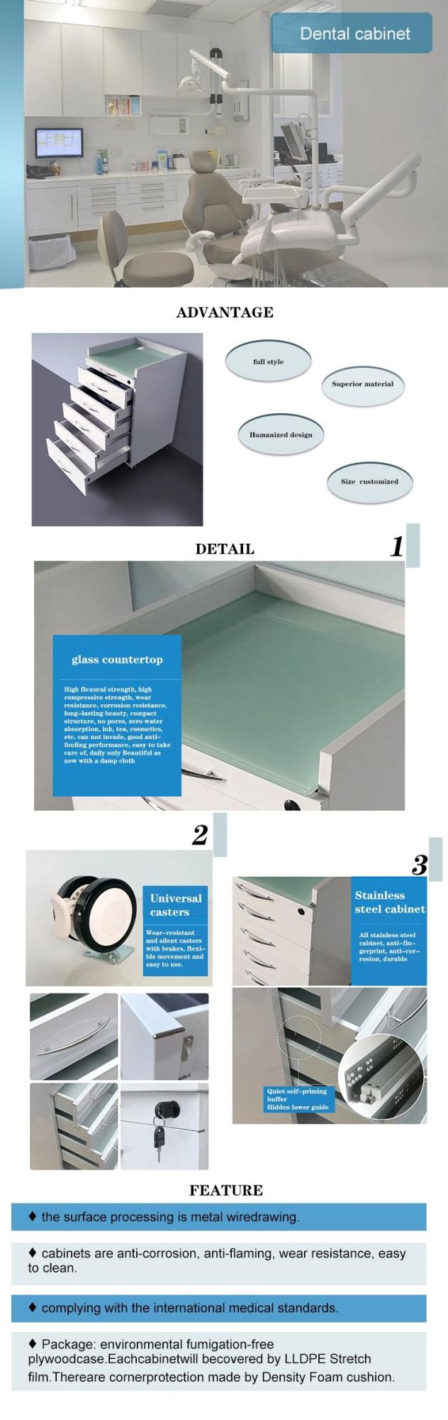 Handle Type Customized Stainless Steel Dental Clinic Cabinet