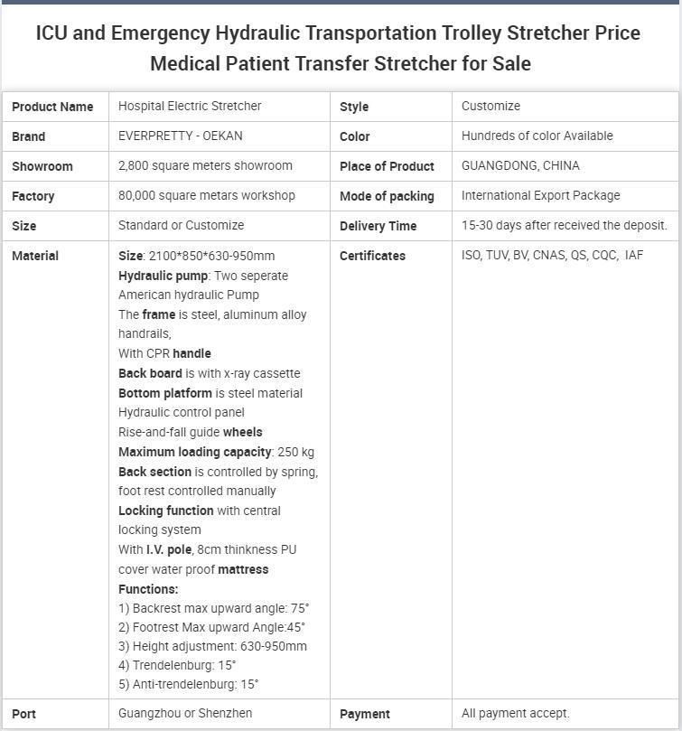 ICU and Emergency Hydraulic Transportation Trolley Stretcher Price Medical Patient Transfer Stretcher for Sale