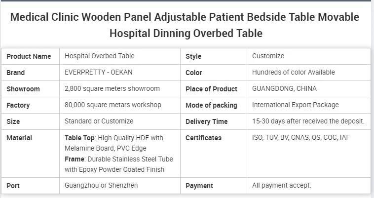 Medical Clinic Wooden Panel Adjustable Patient Bedside Table Movable Hospital Dining Overbed Table