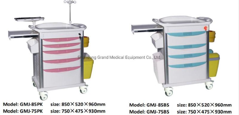 Grand Cheap Price ABS Plastic Medical Emergency Resuscitation Trolley, Clinical Medicine Treatment Cart with Drawers Wheels