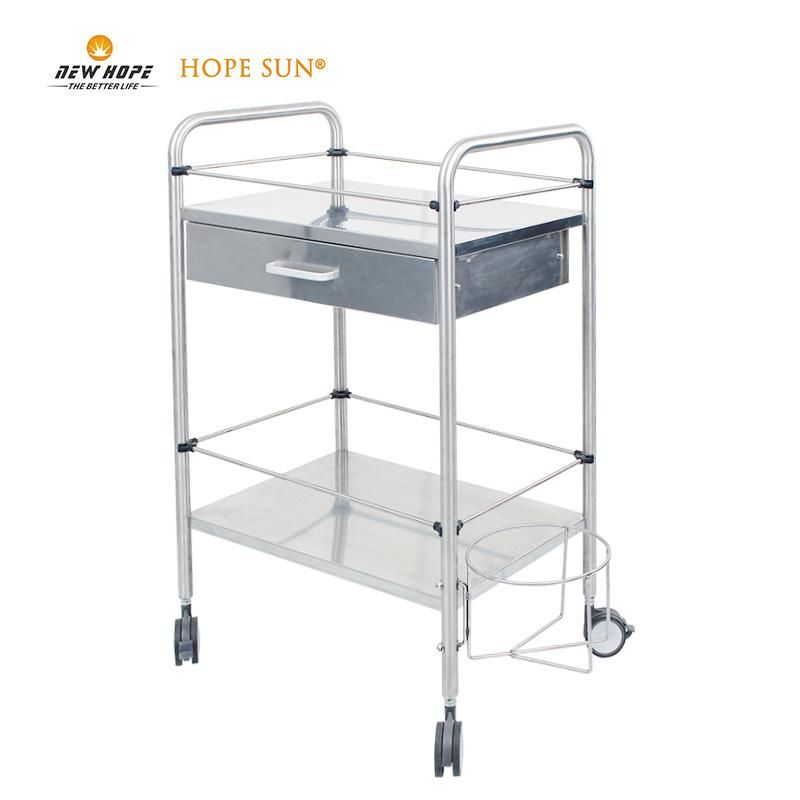 HS6148 Hospital Furniture Stainless Steel Drawer Dressing Trolley Nursing Cart Treatment Trolley with Trash Can Basket