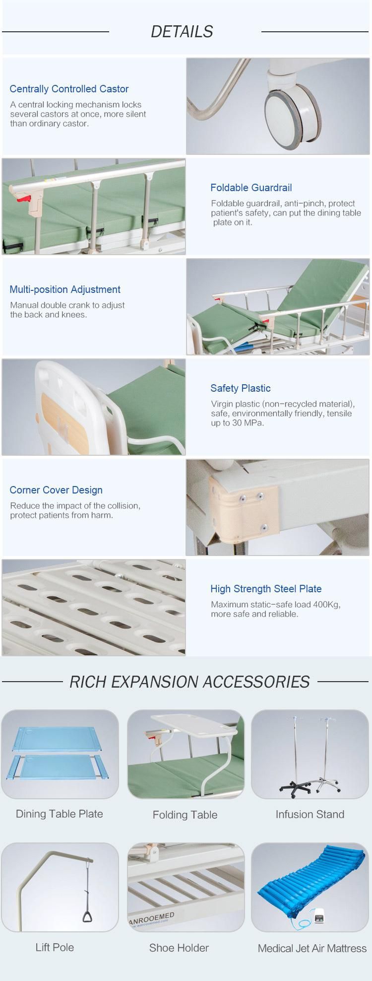 Bam201 Two Function Manual Adjustable Hospital ABS Patients Nursing Bed