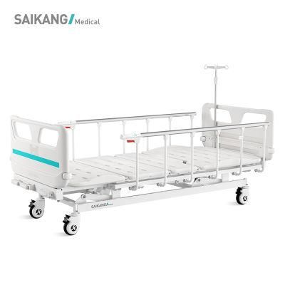 V3w5c Saikang Factory Movable 3 Cranks Multifunction Stainless Steel Siderails Medical Manual Hospital Bed with Infusion Pole