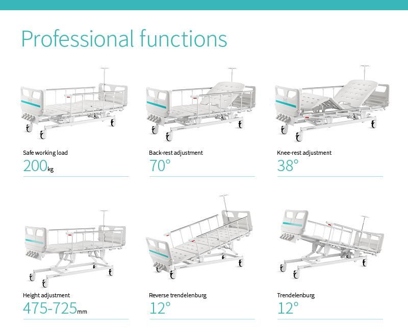 V4w5c Saikang Movable Stainless Steel Siderails 4 Cranks 5 Function Metal Medical Manual Hospital Bed with Infusion Pole