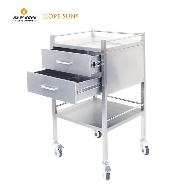 HS6151 Hospital Furniture SUS 304 Inox Two 2 Drawers Instrument Dressing Trolley Cart for Operation Room and Inpatient Ward