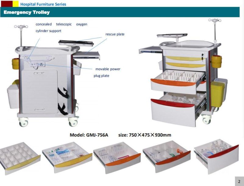 Durable ABS Emergency Hospital Medical Cart Mobile Trolley for Sale