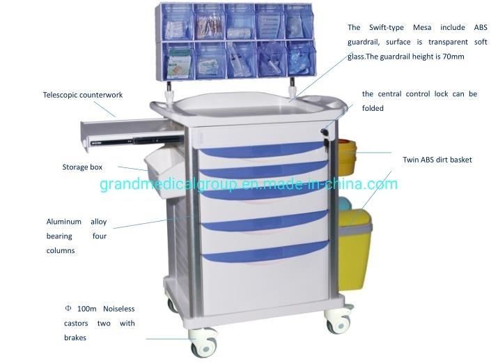 Colorful Hospital Equipment Medical Crash Cart ABS Emergency Trolley