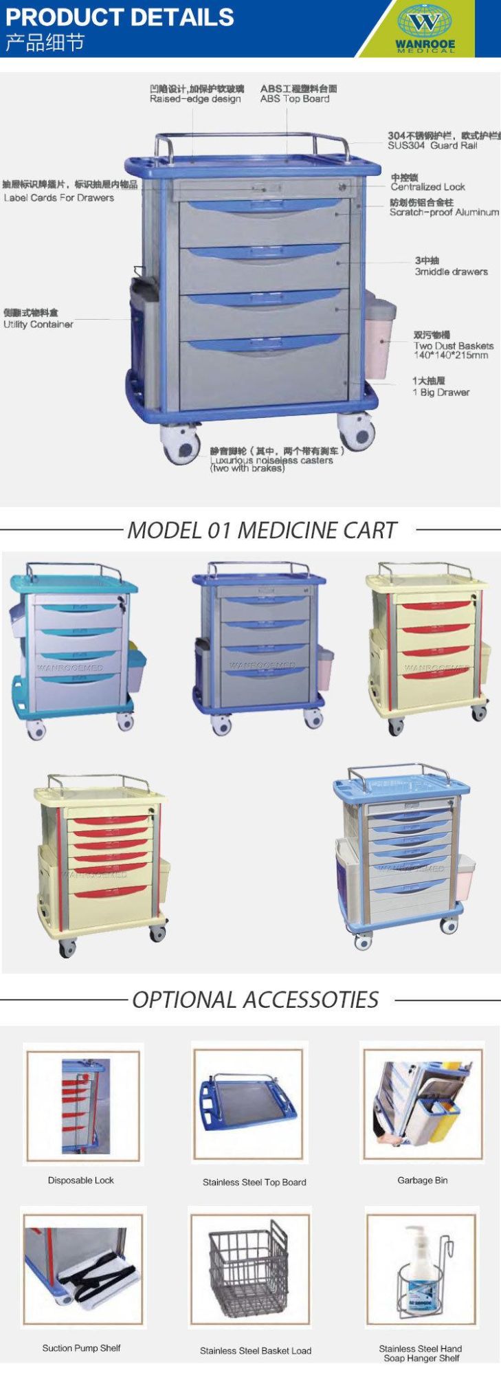 Bmt-01 Hospital Medical Drag ABS Medication Cart