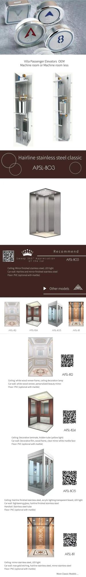 Hairline Stainless Steel APSL-B01/02/03/04 Classic VVVF Boutique Passenger Lift Elevator