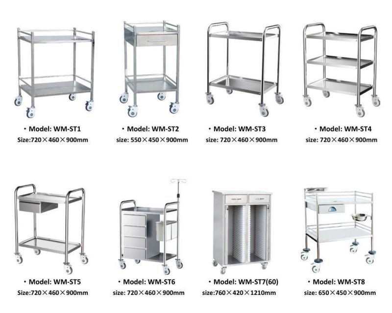 Medical Stainless Steel for Hospital Operating Room Instrument Trolley with 4 Wheels