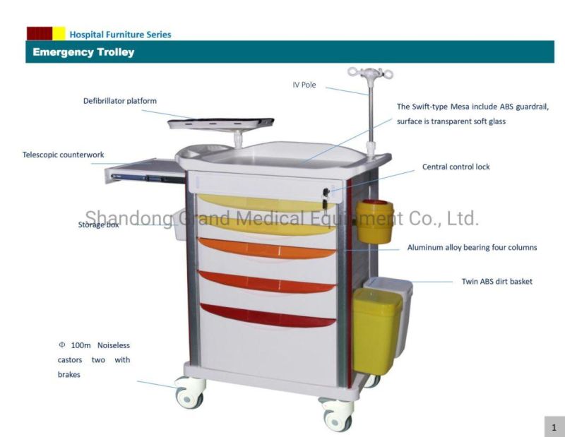 China Mobile Medical Trolley Medical Emergency Hopital Cart Modern Design ABS Material with Casters Hospital Furniture in Stock
