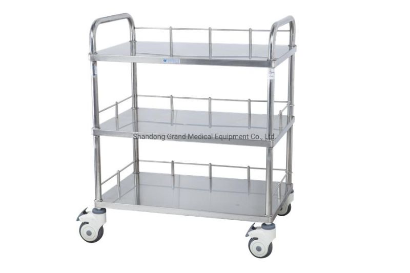 Hospital Furniture Medical Stainless Steel Square Tray Support with Double Rod Instrument Trolley