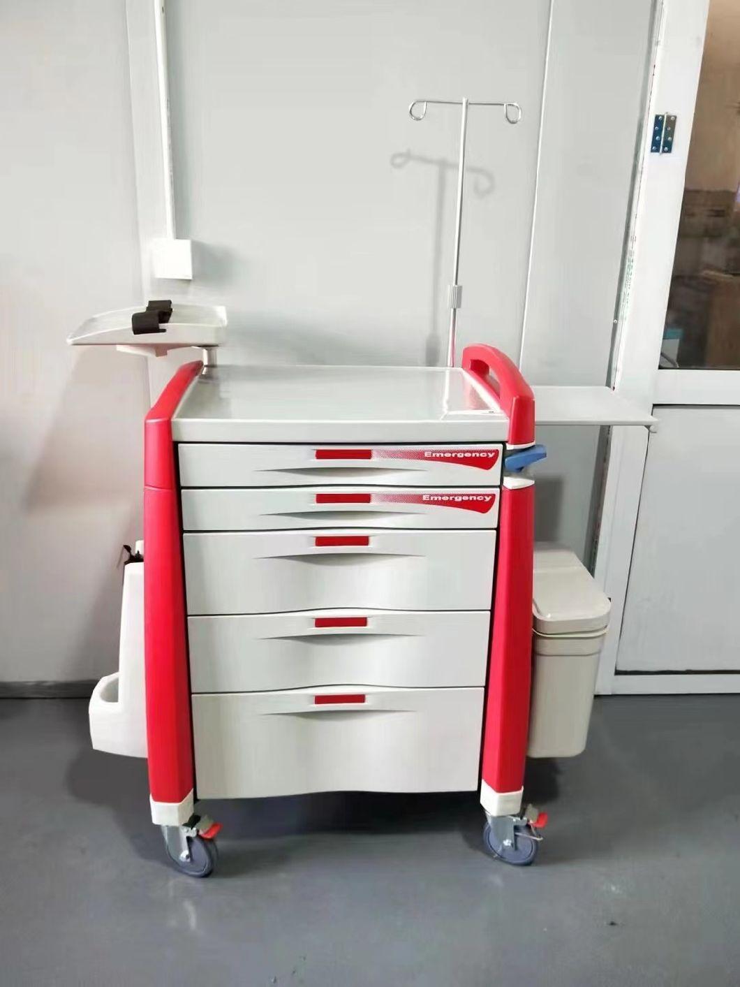 Hospital Furniture Medical Emergency Stainless Steel Instrument Dressing Treatment Nursing Crash Trolley Cart with Layers and Drawers/ABS Material Also Optional