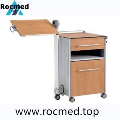 Hospital Furniture ABS Plastic Mobile Moving Nightstand Built in Swivel Casters with Overbed Table