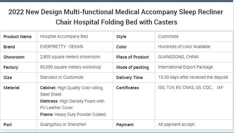 2022 New Design Multi-Functional Medical Accompany Sleep Recliner Chair Hospital Folding Bed with Casters