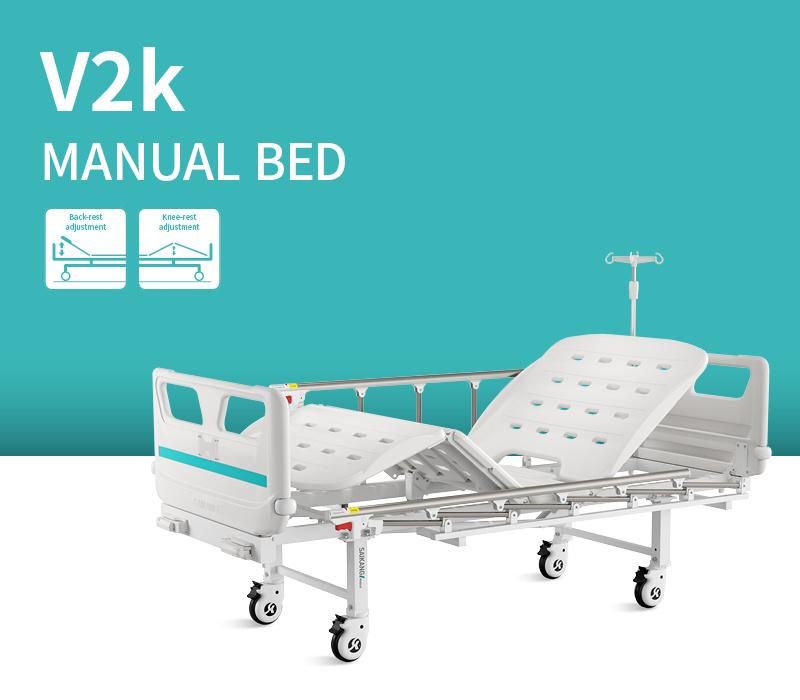 V2K5c Saikang Wholesale Movable Aluminum Siderails 2 Cranks 2 Function Medical Manual Hospital Bed with Infusion Pole