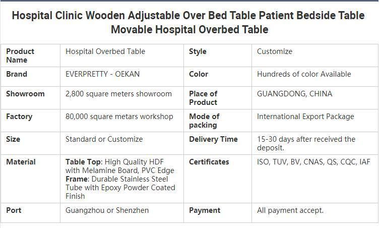 Hospital Clinic Wooden Adjustable Over Bed Table Patient Bedside Table Movable Hospital Overbed Table