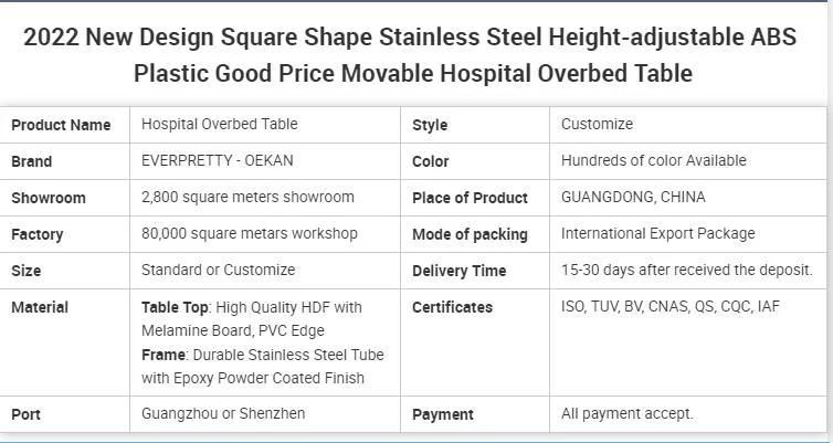 2022 New Design Square Shape Stainless Steel Height-Adjustable Good Price Movable Hospital Overbed Table