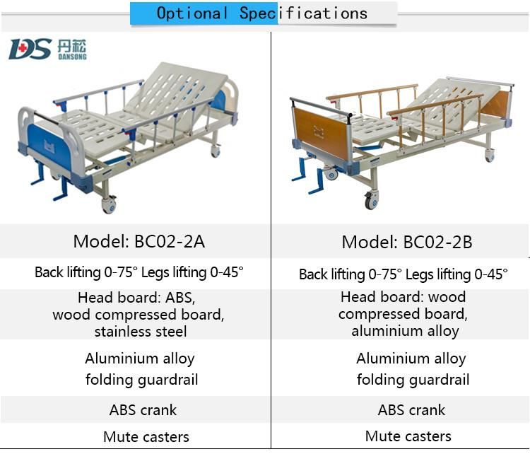 Standard Dimensions Manual 2 Functions Hospital Bed for Home Use