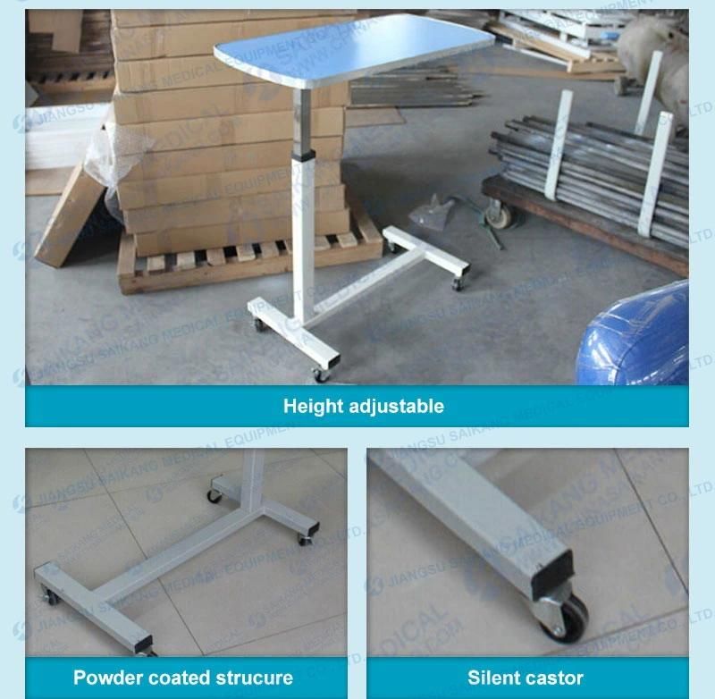 Skh042 Durable Movable Wooden Hospital Furniture Adjustable Medical Overbed Table with Casters