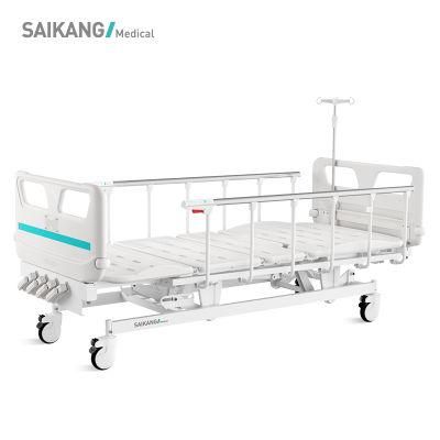 V4w5c Saikang Movable Stainless Steel Siderails 4 Cranks 5 Function Metal Medical Manual Hospital Bed with Infusion Pole