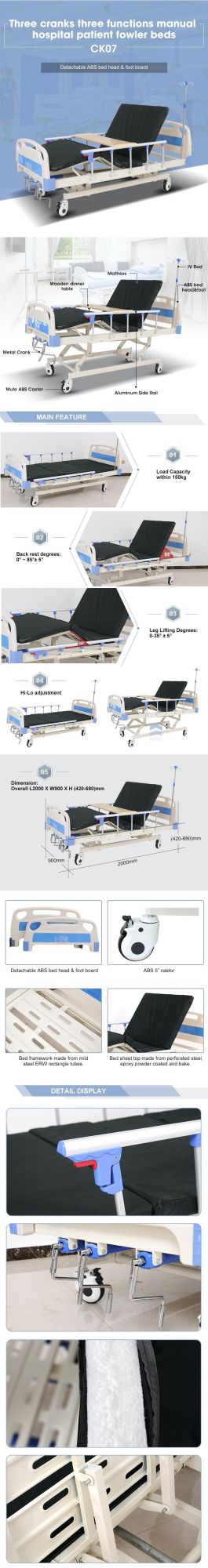 Hospital Medical Equipment 3 Cranks Adjustable Manual Project Manual Hospital Patient Nursing Bed