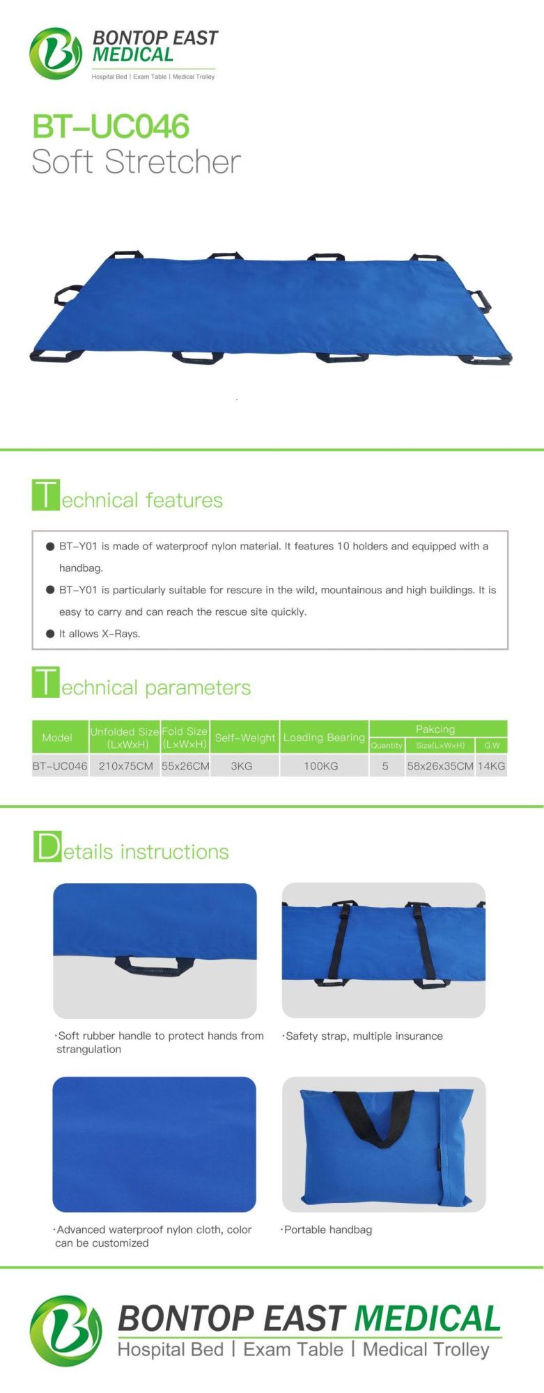 OEM Blue or Yellow Cheap Durable Nylon and Tight Soft Easy Carrying Rescue Stretcher with Upgraded Handles and Safety Belts for Hospital Emergency Supply
