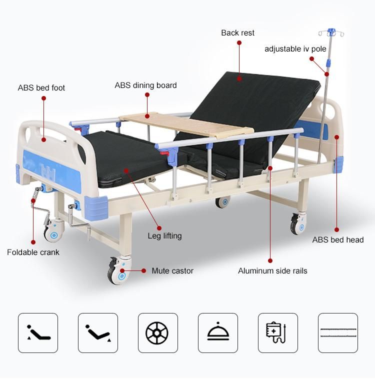 High Quality Two Crank Manual Medical Hospital Bed with Mattress and Aluminum Guard Rail