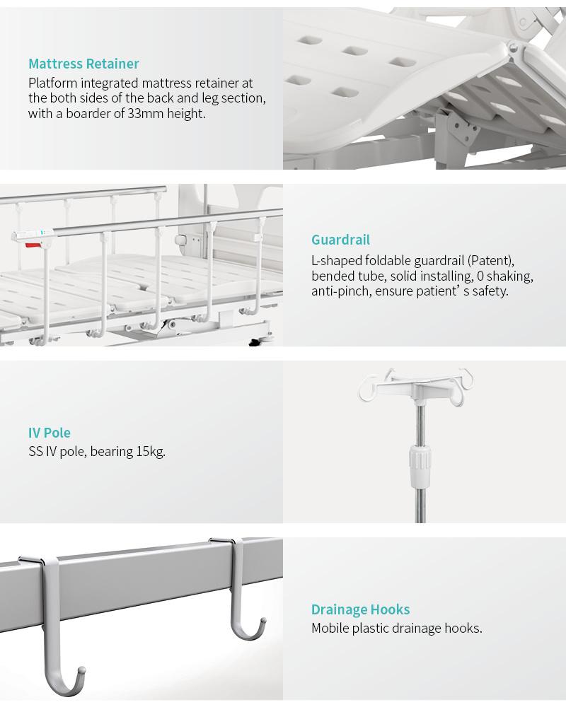 V4w5c Saikang Movable Stainless Steel Siderails 4 Cranks 5 Function Metal Medical Manual Hospital Bed with Infusion Pole