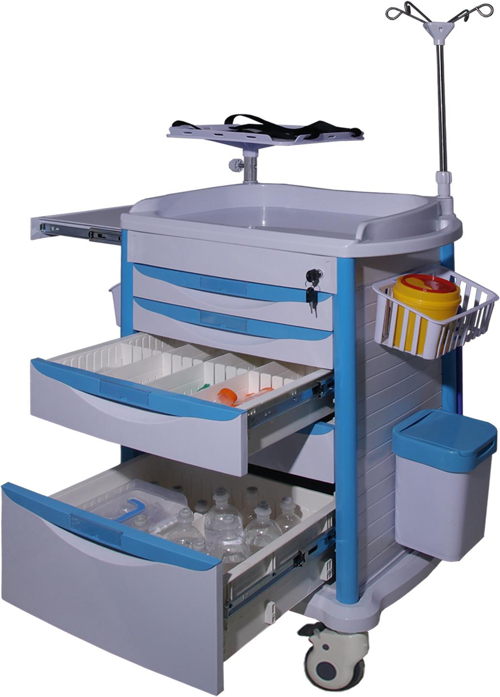 Hospital Medical Laundry ABS Crash Cart Emergency Anasthesia Drug Trolleys, Steel Dressing Stretcher with Drawers