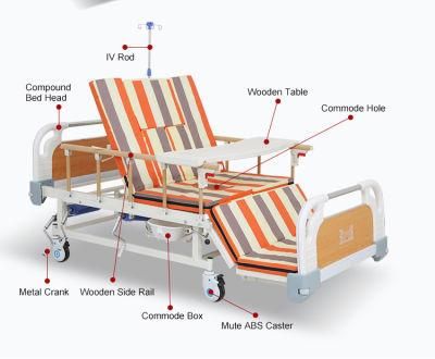 Metal 3 Crank 5 Function Adjustable Medical Furniture Folding Manual Patient Nursing Hospital Bed with Casters