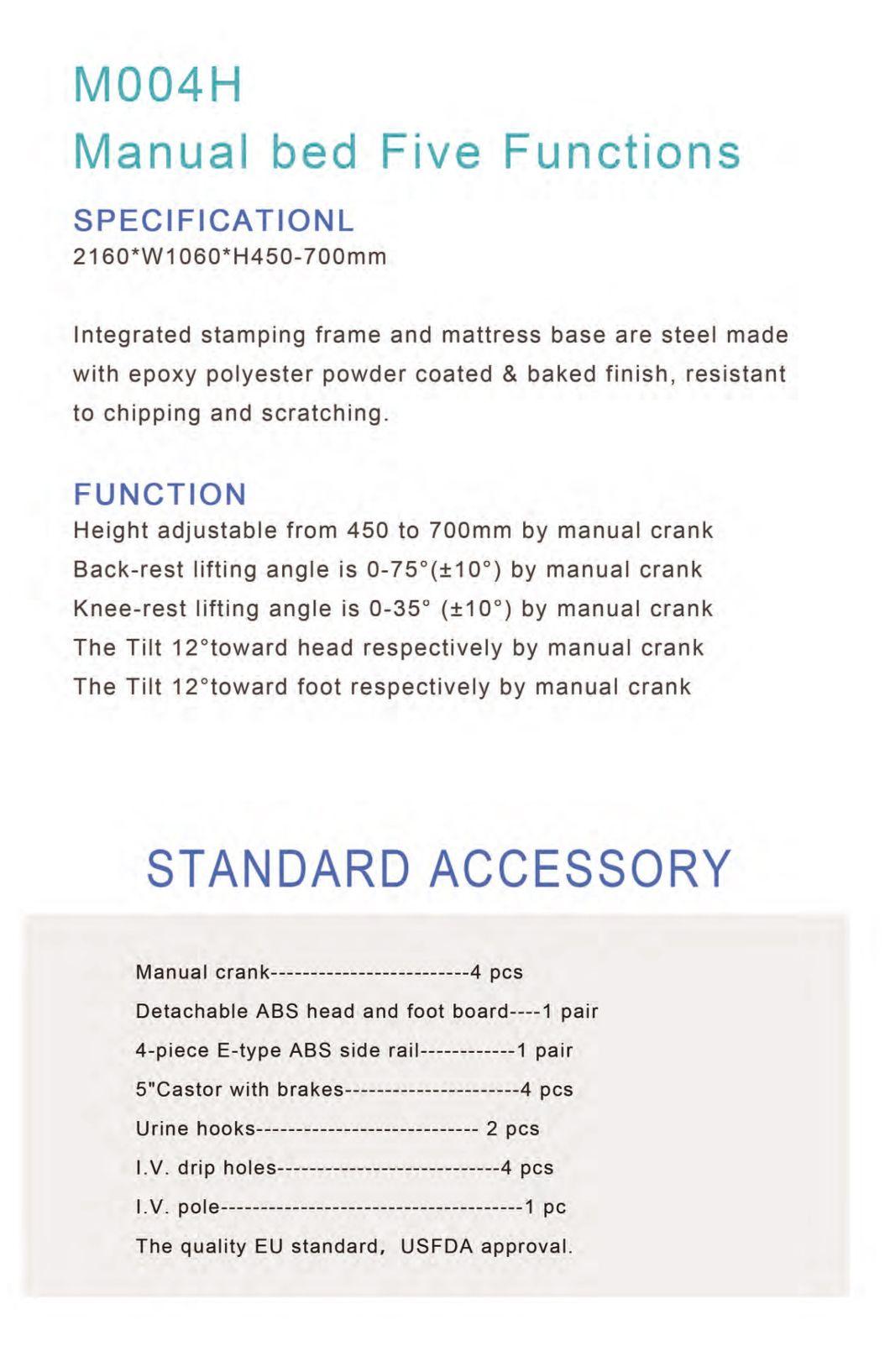 Hospital Bed Five Functions Manual Crank Manual Patient Bed for ICU Room