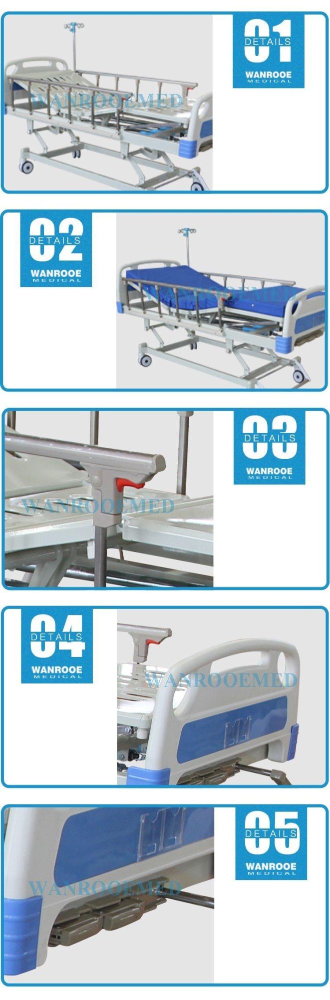 Bam302b Hospital Furniture 3 Crank Manual Bed with Foldaway Railings