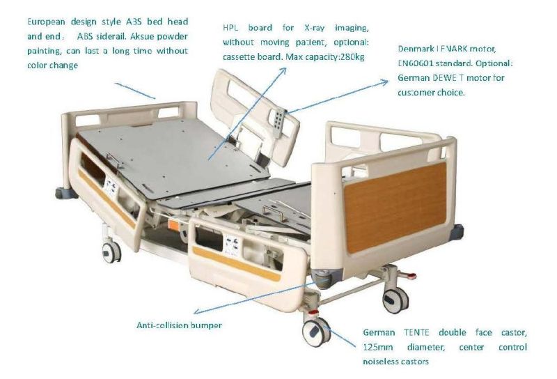 Electric Four Function Hospital Lifting Patient Bed Medical ICU Nursing Bed for Hospital Radiolucent Hospital Bed Furniture