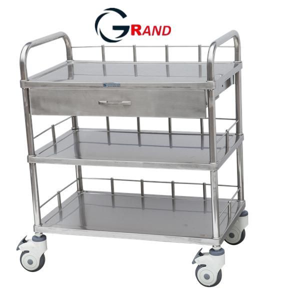 High Quality Hospital Medical Cart Emergency Stainless Steel Treatment Trolley with Drawer and Trash Surgical Instrument