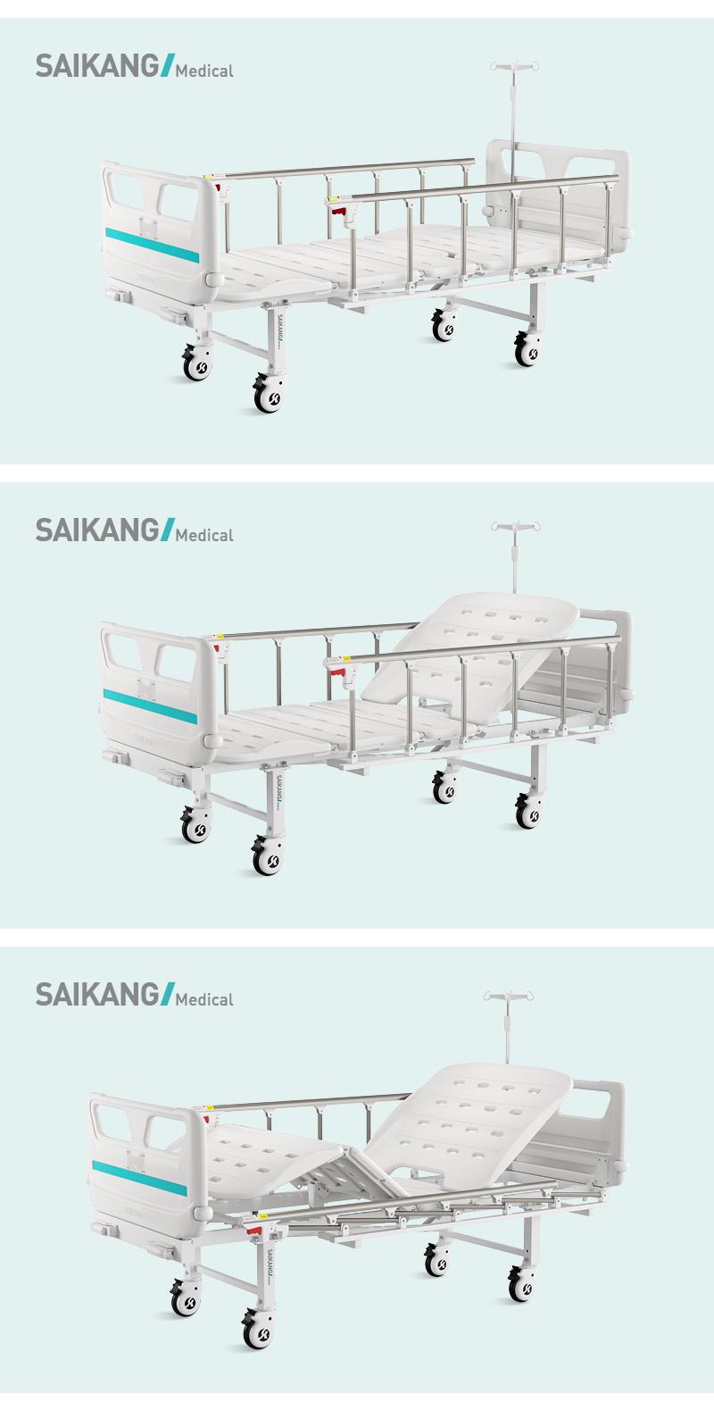 V2K5c Saikang Wholesale Movable Aluminum Siderails 2 Cranks 2 Function Medical Manual Hospital Bed with Infusion Pole