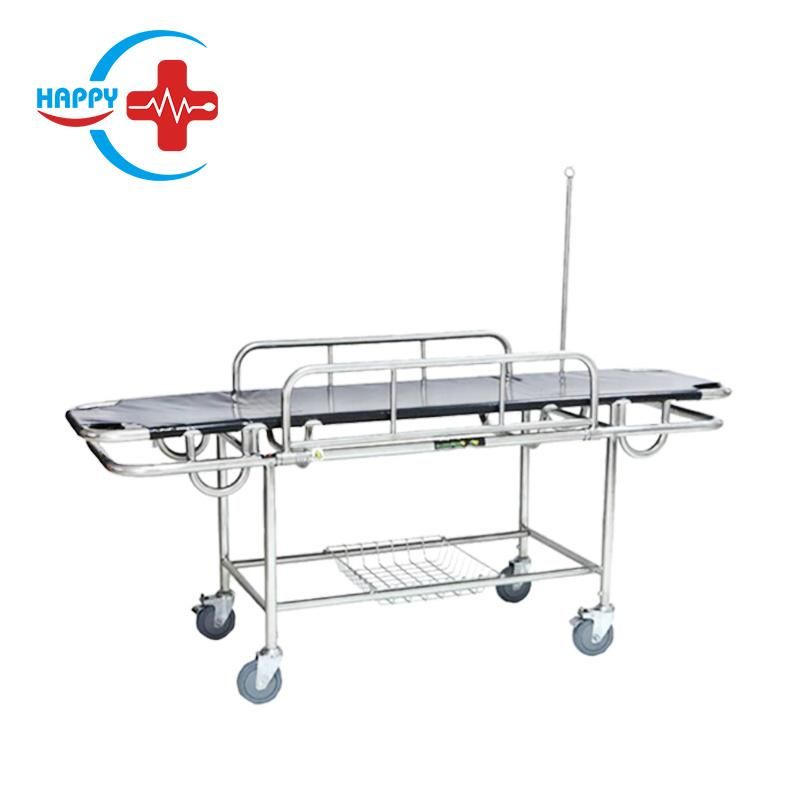 Hc-M019 Best Medical Equipment Stainless Steel Stretcher Trolley with Four Castors&Infusion Stand&Guardrail Transport Patient Emergency Stretcher