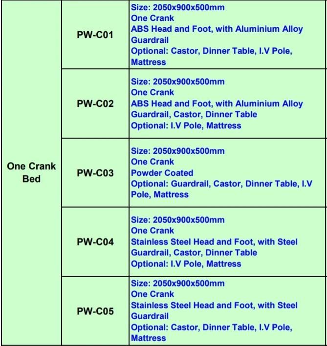 One Crank Stainless Steel with Steel Guardrail, Castor, Dinner Table Hospital Bed (PW-C04)