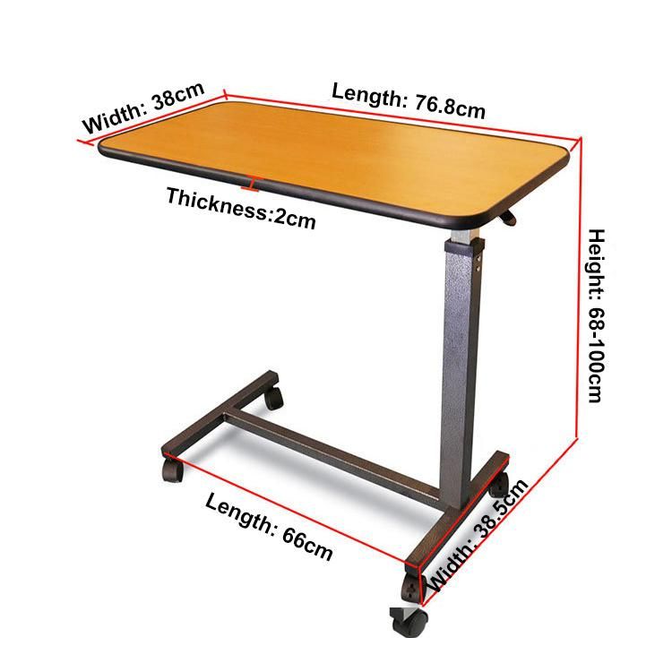 Hospital Bed Adjustable Move Wooden Overbed Table with Casters Movable Hospital Dining Table