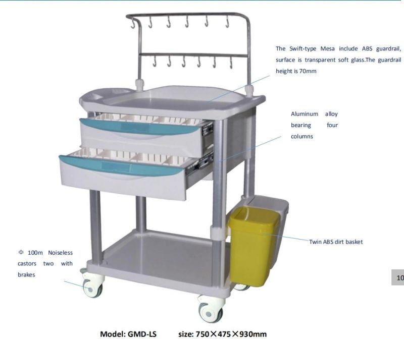 Hospital Color Emergency Cart Nurse Station Portable Medical Infusion Trolley with Drawer