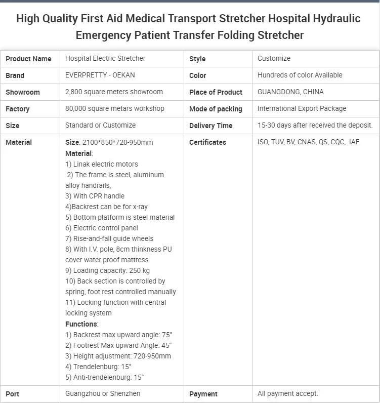 High Quality First Aid Medical Transport Stretcher Hospital Hydraulic Emergency Patient Transfer Folding Stretcher