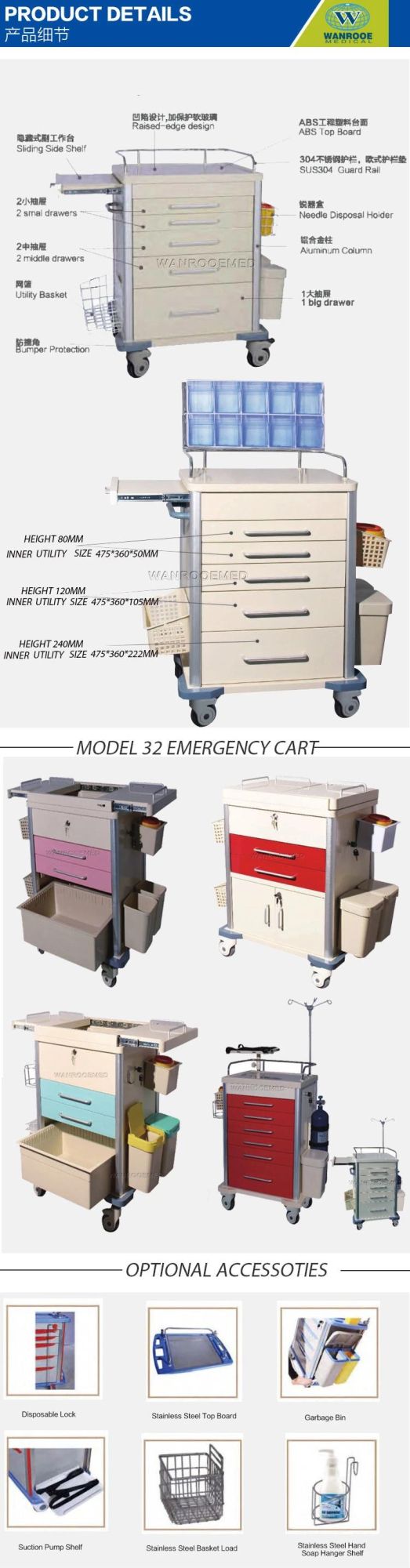 32 Series Hospital Ambulance Emergency Nursing ABS IV Treatment Patient Clinic Medicine Cart