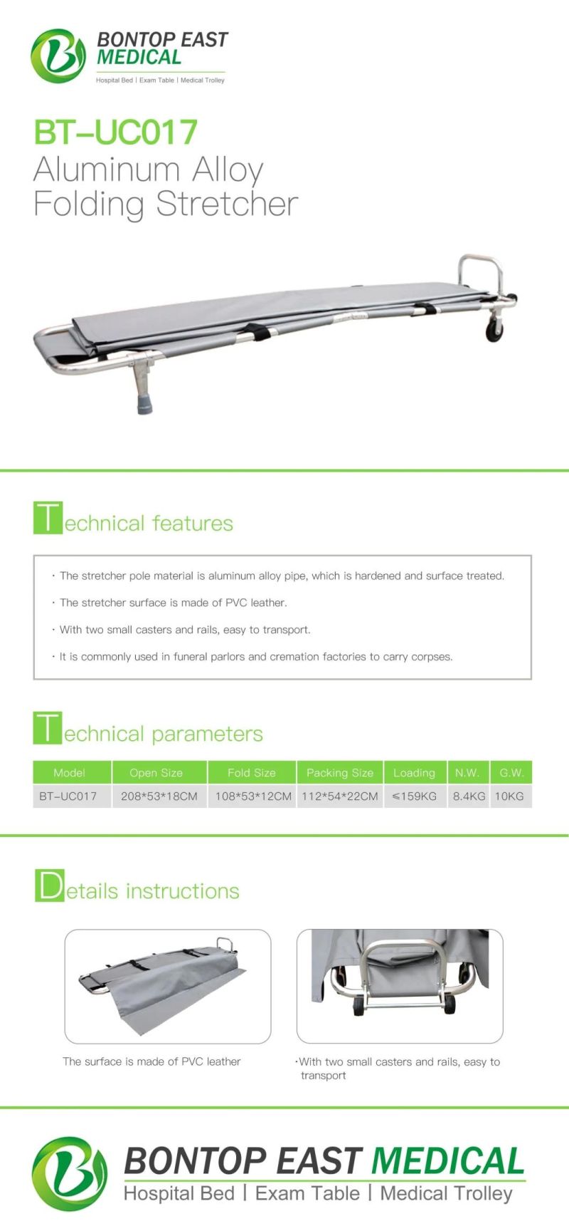 Medical Folding Rescue Stretcher Applicable to Funeral Homes, Crematoria