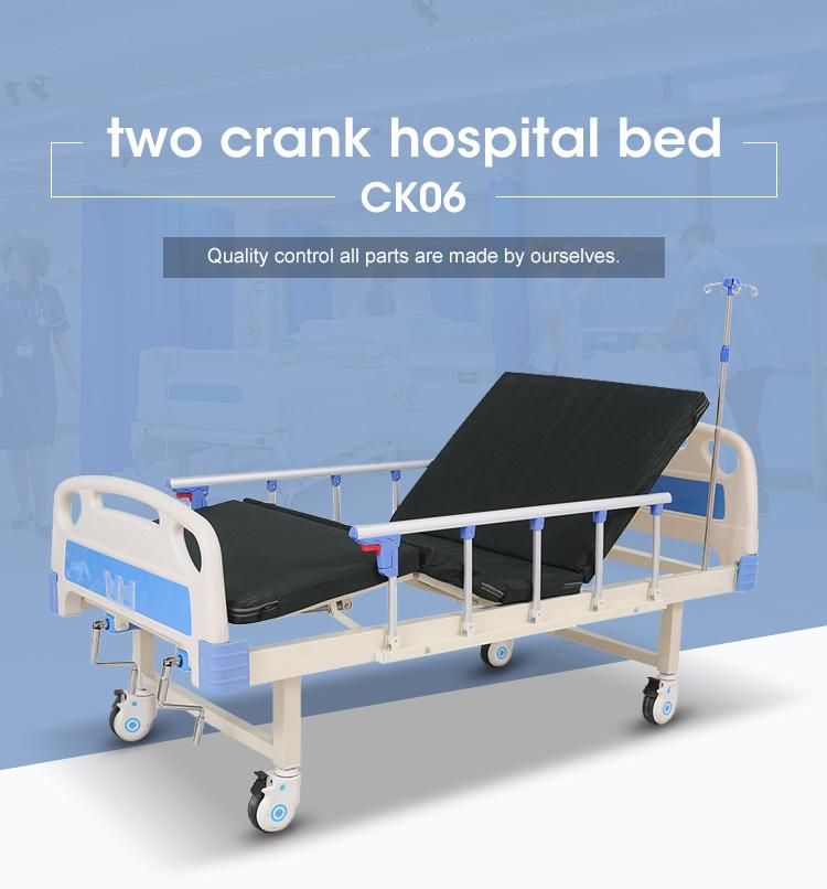 High Quality Two Crank Manual Medical Hospital Bed with Mattress and Aluminum Guard Rail