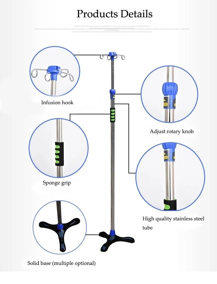Hospital Furniture Transfusion Movable Stainless Steel Hook Adjustable IV Pole Infusion I. V. Stand