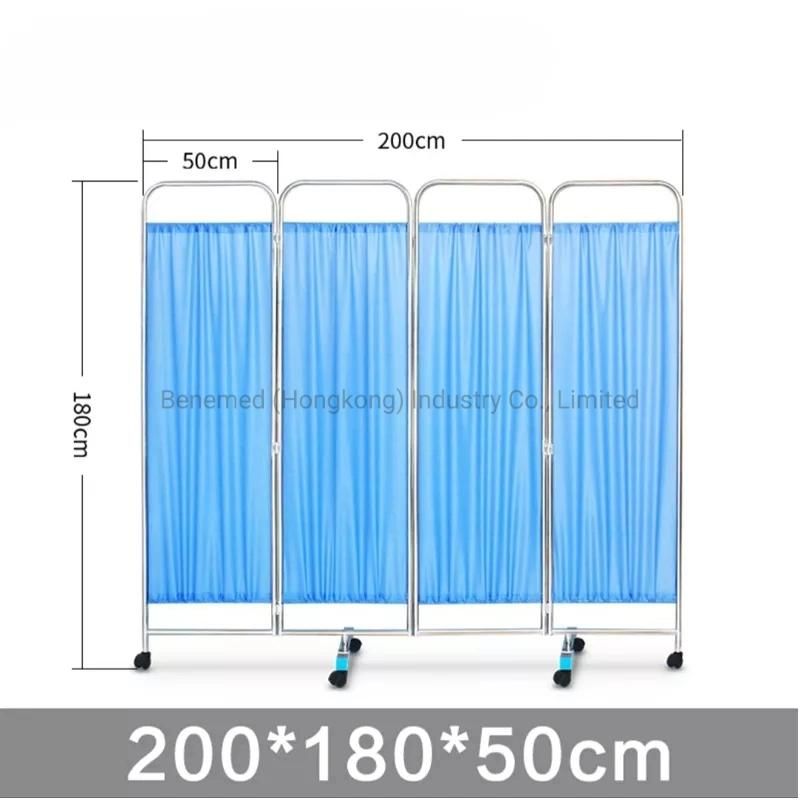 Hospital Furniture Stainless Steel 4 Foldings Mobile Patient Ward Screen with Panels