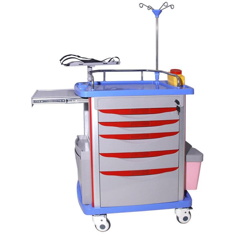 OEM in Promotion ABS Medical Emergency Ambulance Nursing Moving Hospital Crash Trolley Cart with Different Height Slot Drawers and CPR Board Cable Holder