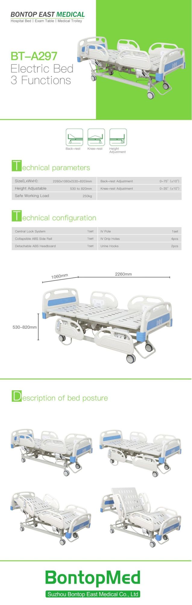 China Medical 3 Function Medical Hospital Patient Bed Medical Air Bed Hospital Medical Bed