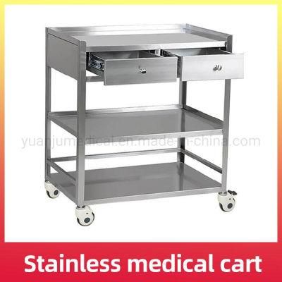 Stainless Steel Hospital Nursing Treatment Trolley Medical Trolley with Two Drawers Hospital Crash Trolley