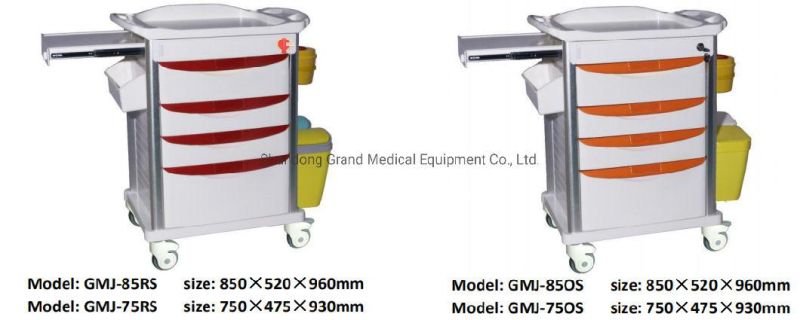 Grand Cheap Price ABS Plastic Medical Emergency Resuscitation Trolley, Clinical Medicine Treatment Cart with Drawers Wheels